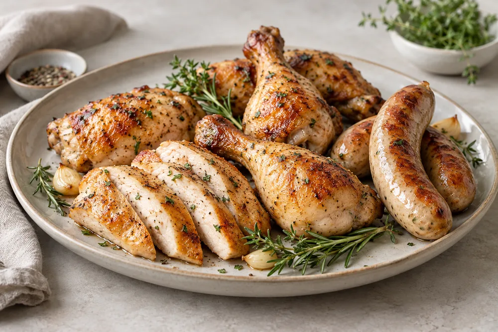 Illustrative cooked chicken and poultry sausages