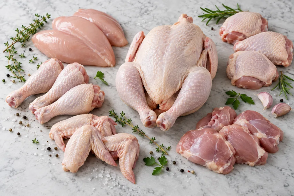 Illustrative whole chicken and cuts